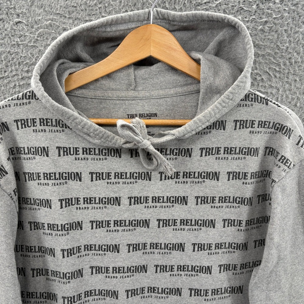 True Religion Hoodie Mens Large Grey Sweatshirt All Over Logo Print Pullover